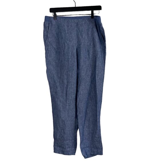 J.Jill 100% Linen Pull-On Pants Blue Size Small Elastic Waist Side Pockets - Picture 2 of 8
